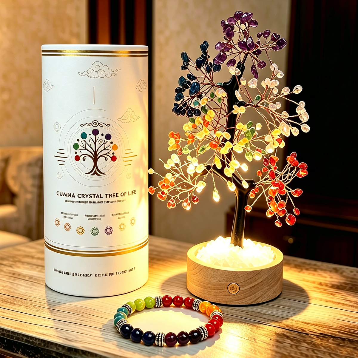 Illuminated 7 Chakra Crystal Tree + FREE 7 Chakra Bracelet | LED Light | Wealth & Healing