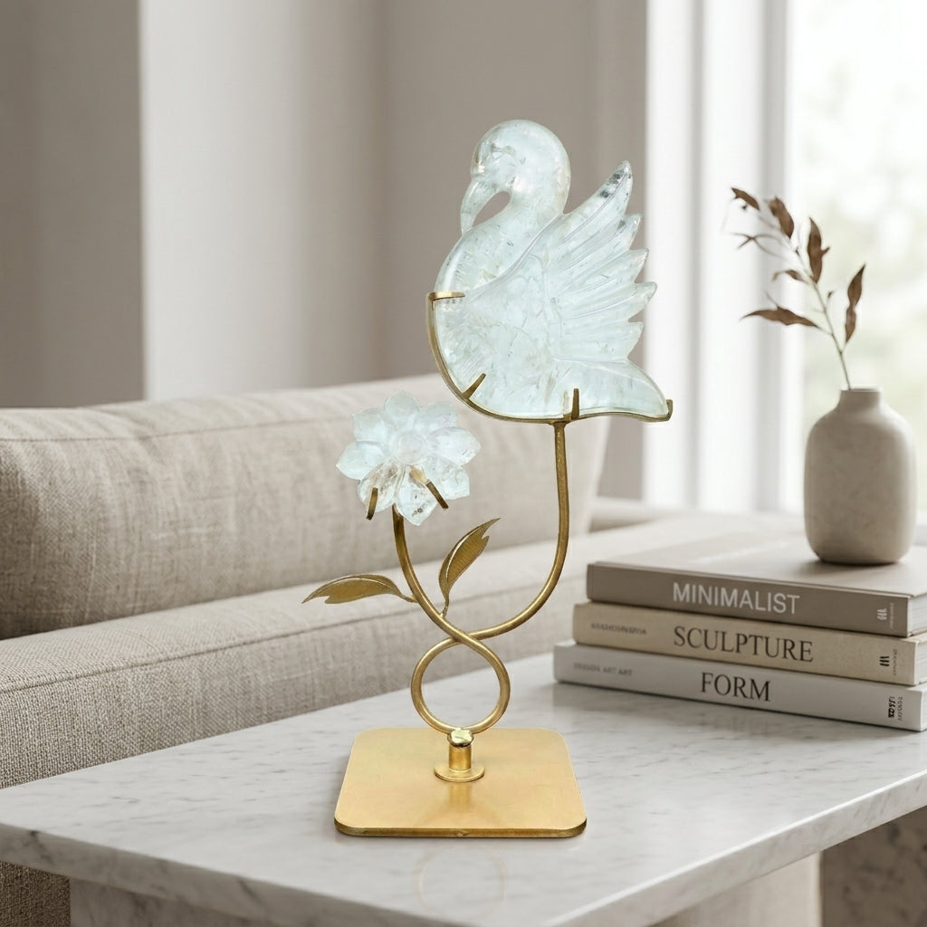 Clear Quartz Bird & Flower Sculpture | Clarity & New Beginnings