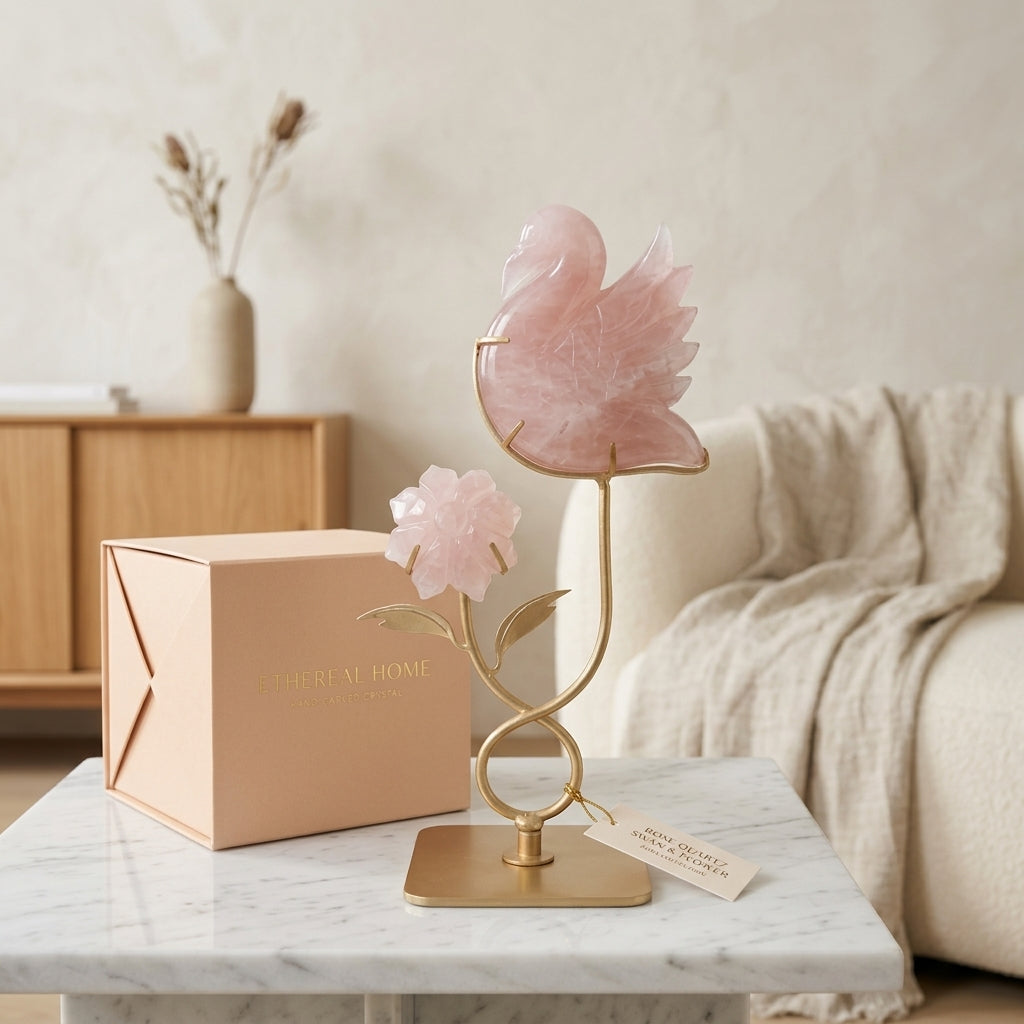 Rose Quartz Bird & Flower Sculpture | Love & New Beginnings
