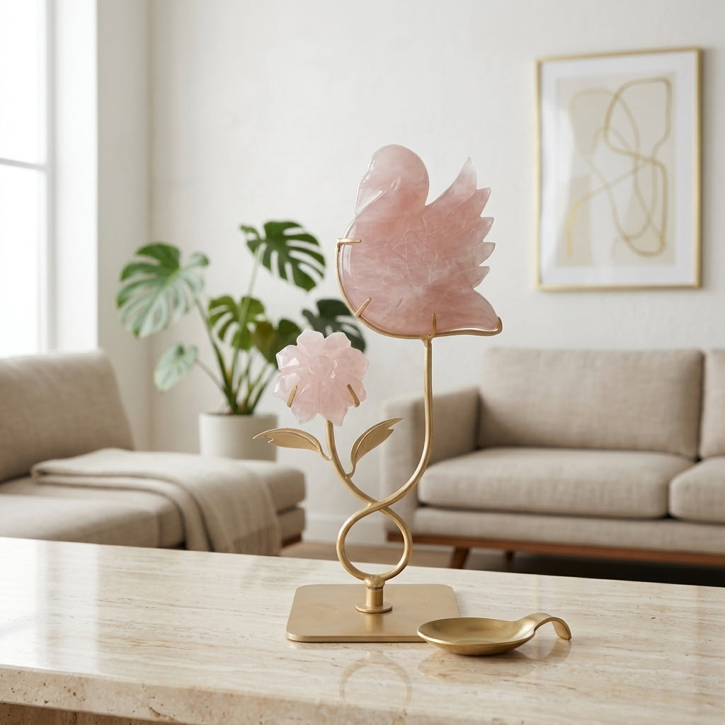 Rose Quartz Bird & Flower Sculpture | Love & New Beginnings