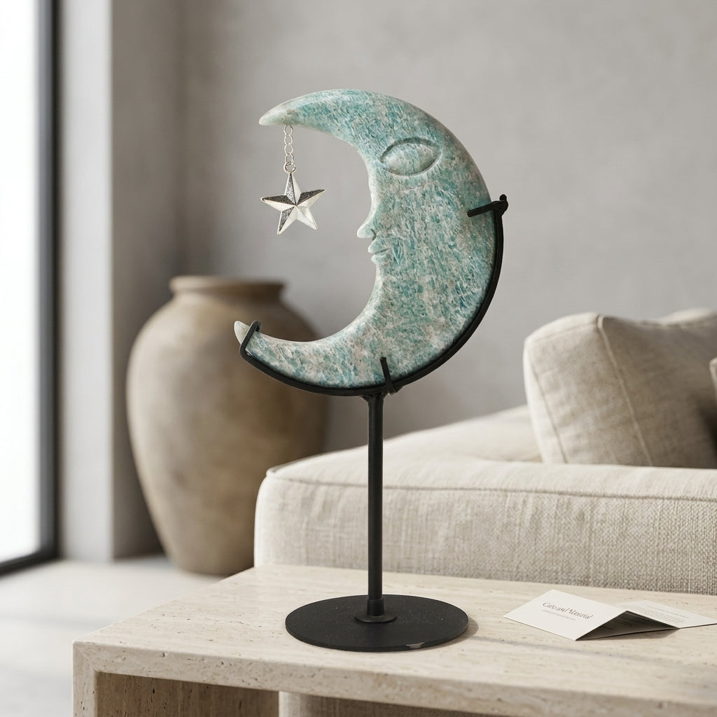 Raw Amazonite Moon Sculpture with Star | Hand-Polished