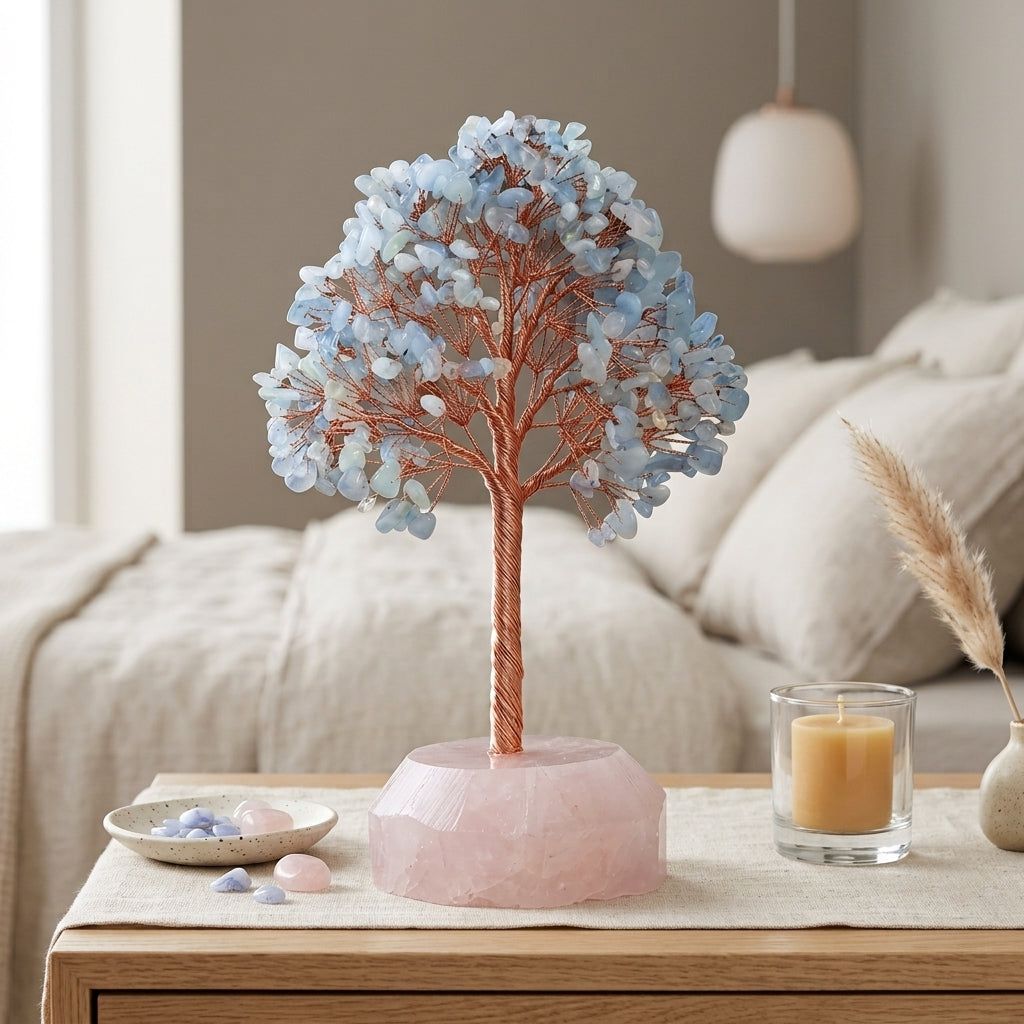 Aquamarine Crystal Tree with Rose Quartz Base | Calm Communication