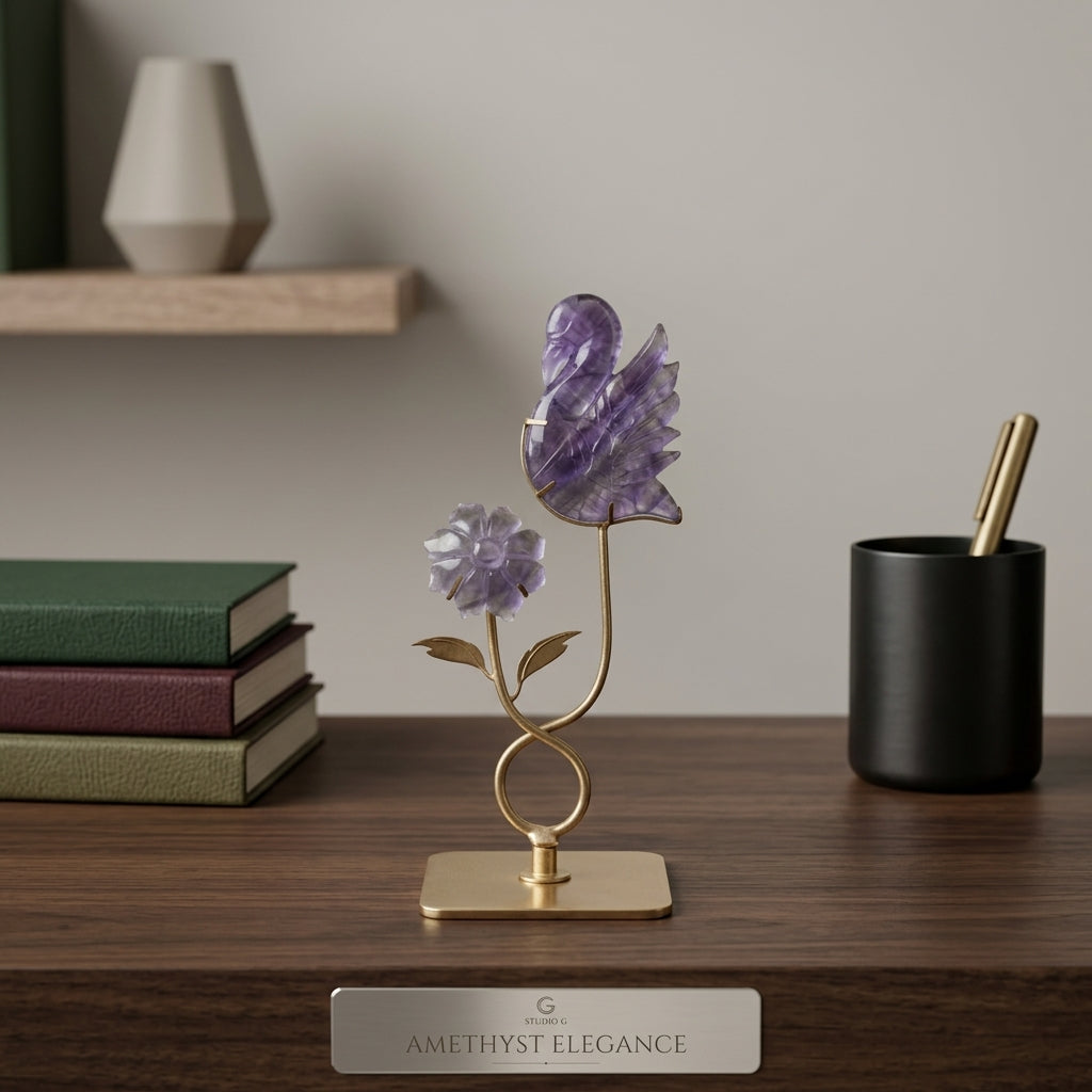 Purple Fluorite Bird & Flower Sculpture | Clarity & New Beginnings