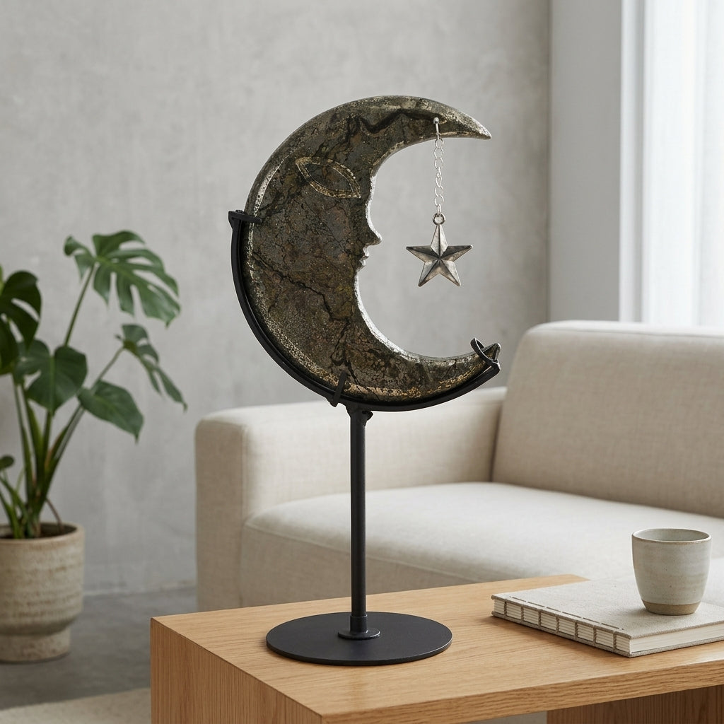 Chalcopyrite Moon Sculpture with Star | Cut from Raw Stone