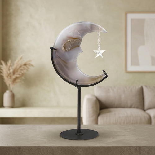 Agate Geode Moon Sculpture with Star | Cut from Raw Stone