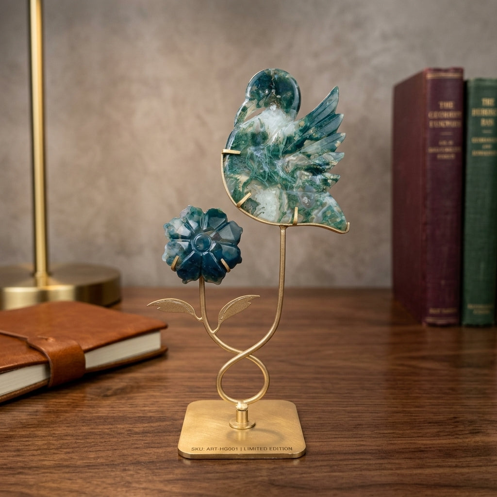 Moss Agate Bird & Flower Sculpture | Nature & Renewal
