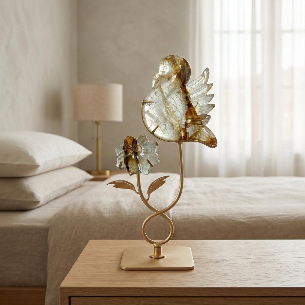 Golden Hematoid Quartz Bird & Flower Sculpture | Warmth & Energy