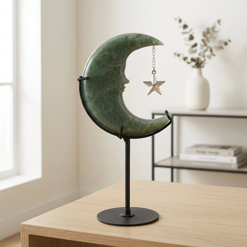 Green Aventurine Moon Sculpture with Star | Cut from Raw Stone