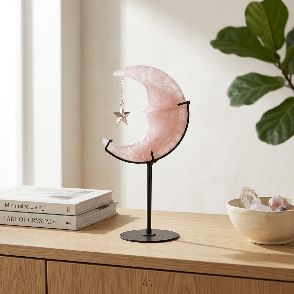 Rose Quartz Moon Sculpture with Star | Cut from Raw Stone