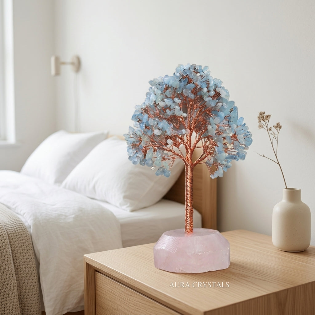 Aquamarine Crystal Tree with Rose Quartz Base | Calm Communication
