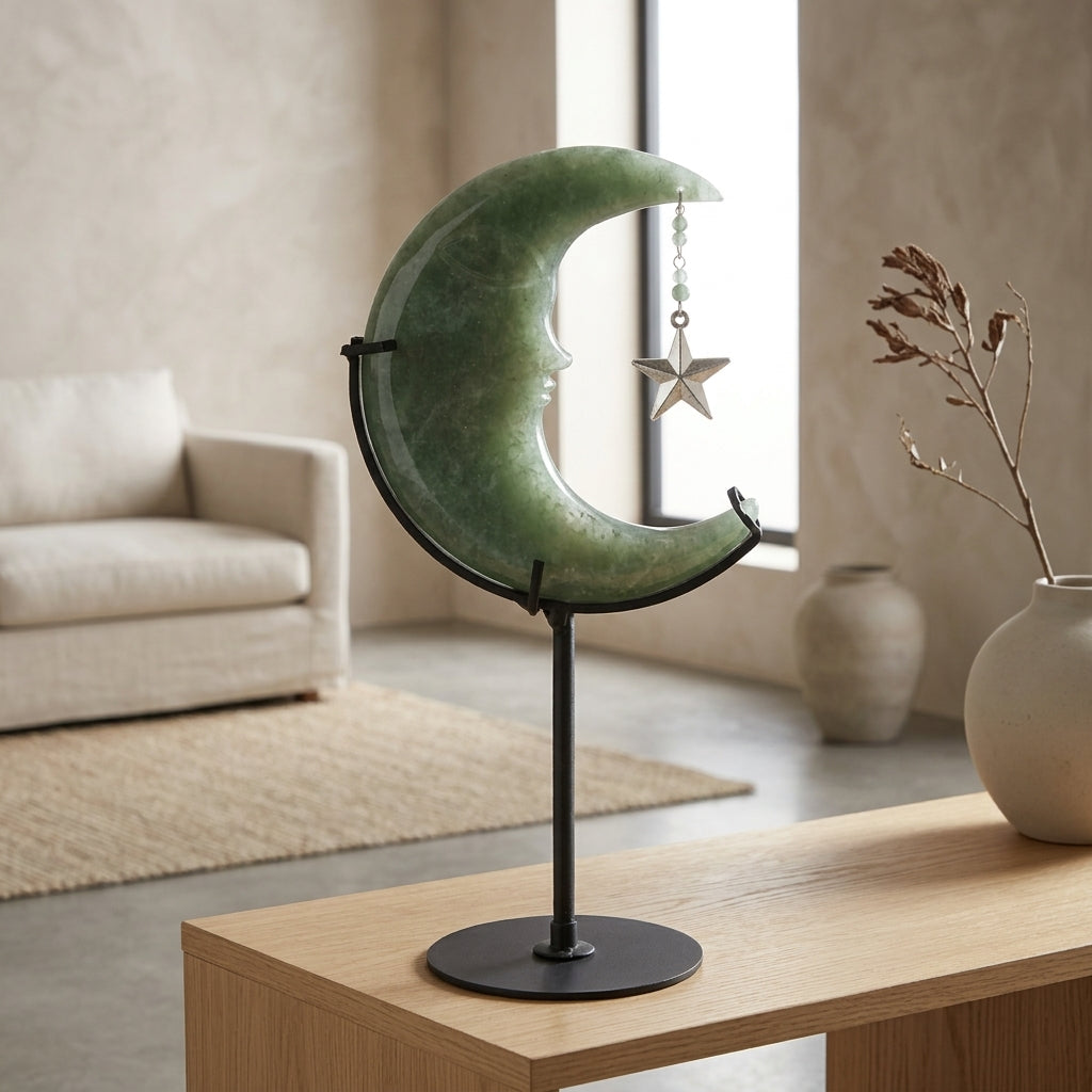 Green Aventurine Moon Sculpture with Star | Cut from Raw Stone