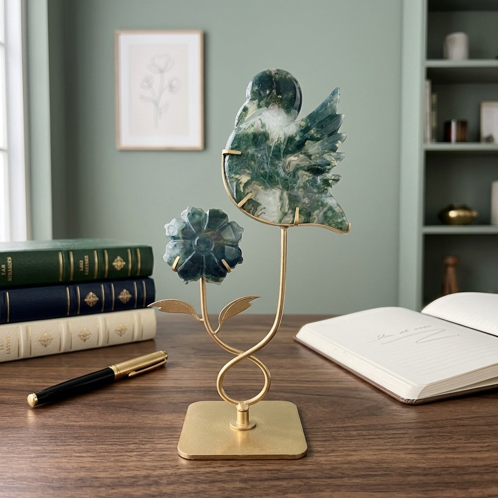 Moss Agate Bird & Flower Sculpture | Nature & Renewal
