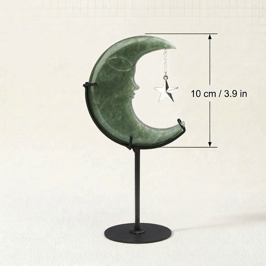 Green Aventurine Moon Sculpture with Star | Cut from Raw Stone