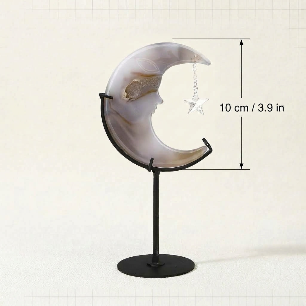Agate Geode Moon Sculpture with Star | Cut from Raw Stone