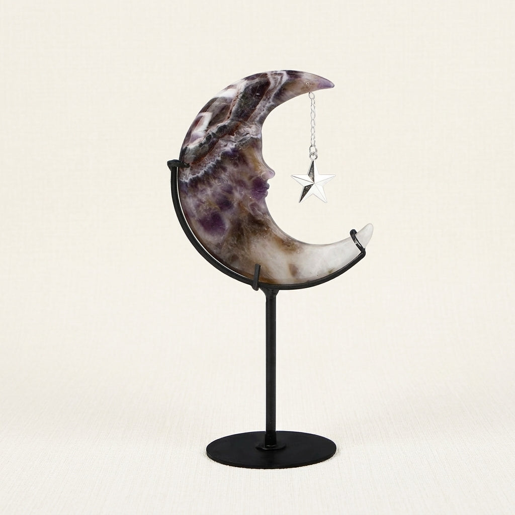 Raw Amethyst Moon Sculpture with Star | Hand-Polished
