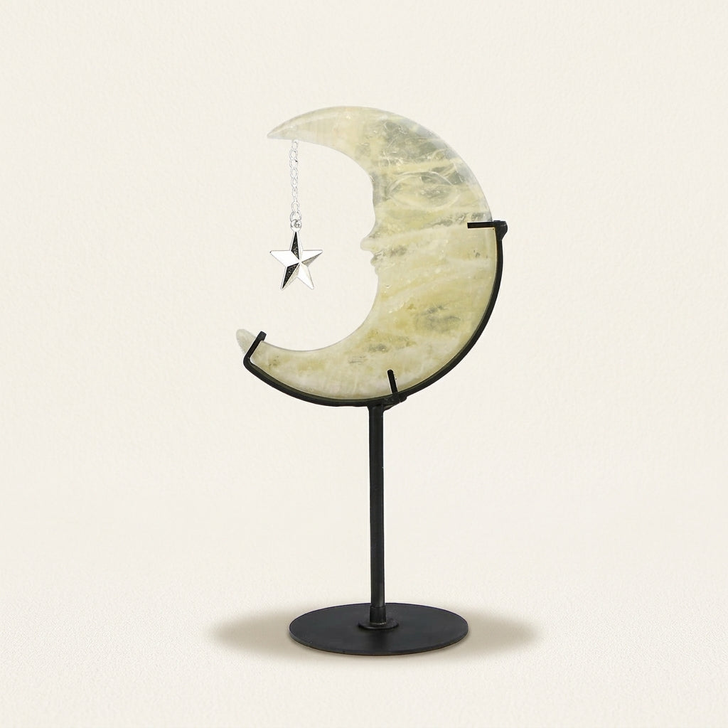 Yellow Quartz Moon Sculpture with Star | Cut from Raw Stone