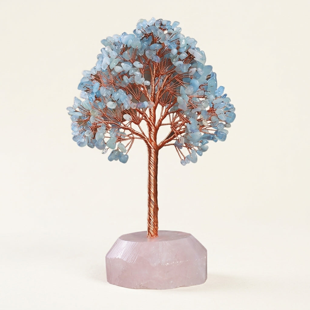 Aquamarine Crystal Tree with Rose Quartz Base | Calm Communication