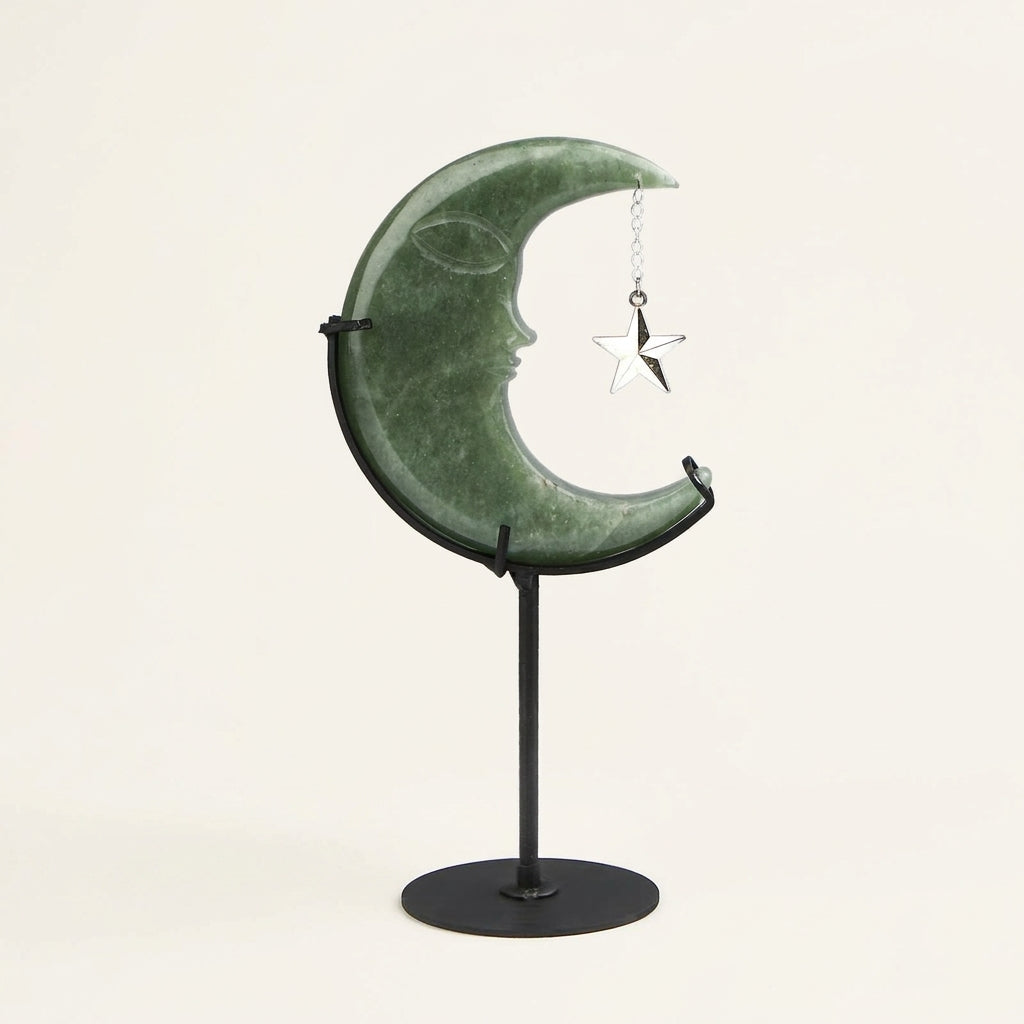 Green Aventurine Moon Sculpture with Star | Cut from Raw Stone