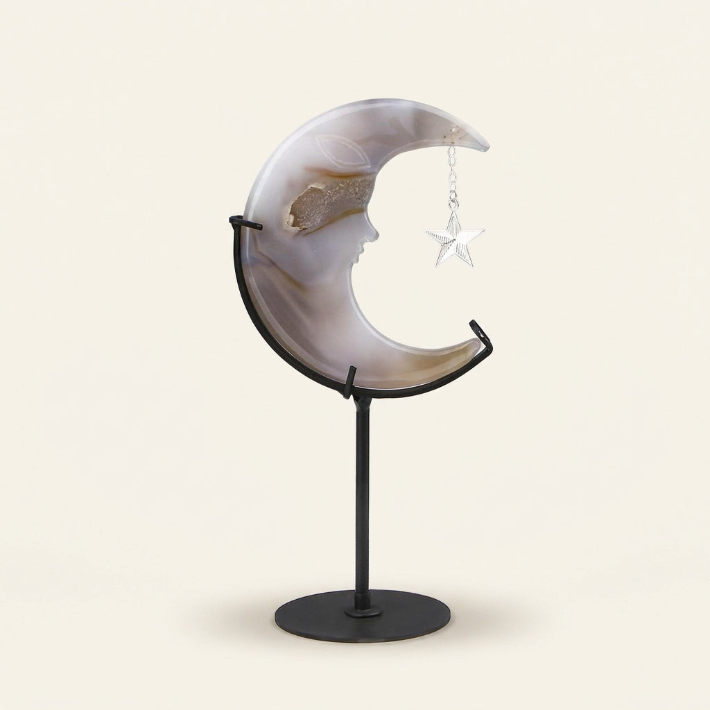 Agate Geode Moon Sculpture with Star | Cut from Raw Stone