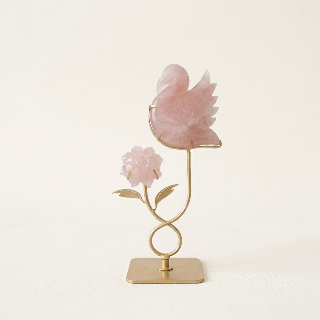 Rose Quartz Bird & Flower Sculpture | Love & New Beginnings