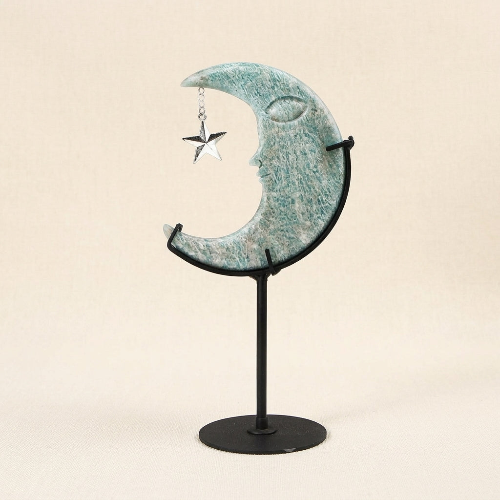 Raw Amazonite Moon Sculpture with Star | Hand-Polished