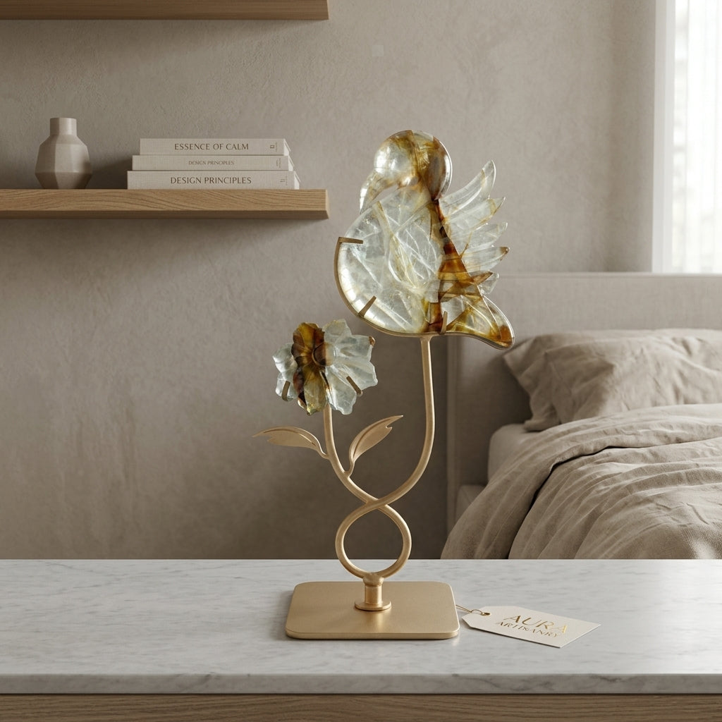 Golden Hematoid Quartz Bird & Flower Sculpture | Warmth & Energy