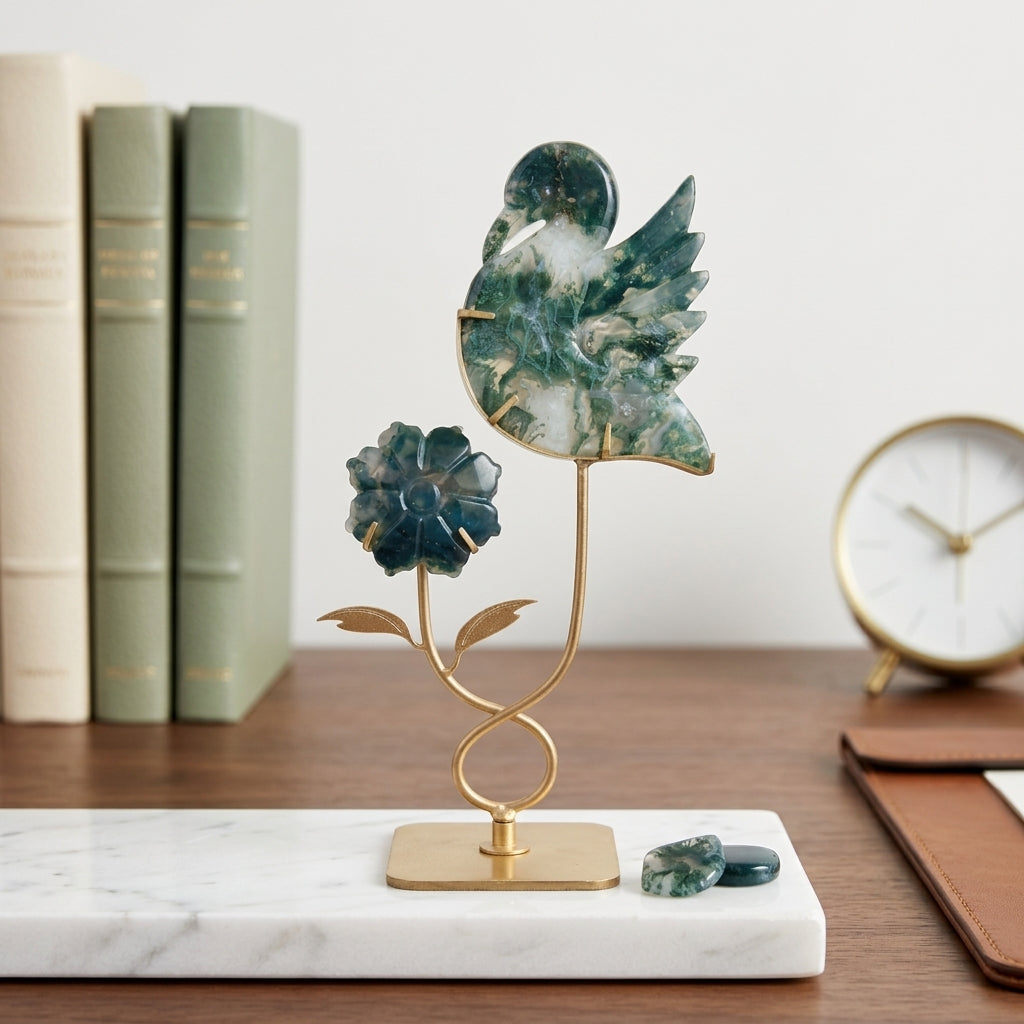 Moss Agate Bird & Flower Sculpture | Nature & Renewal