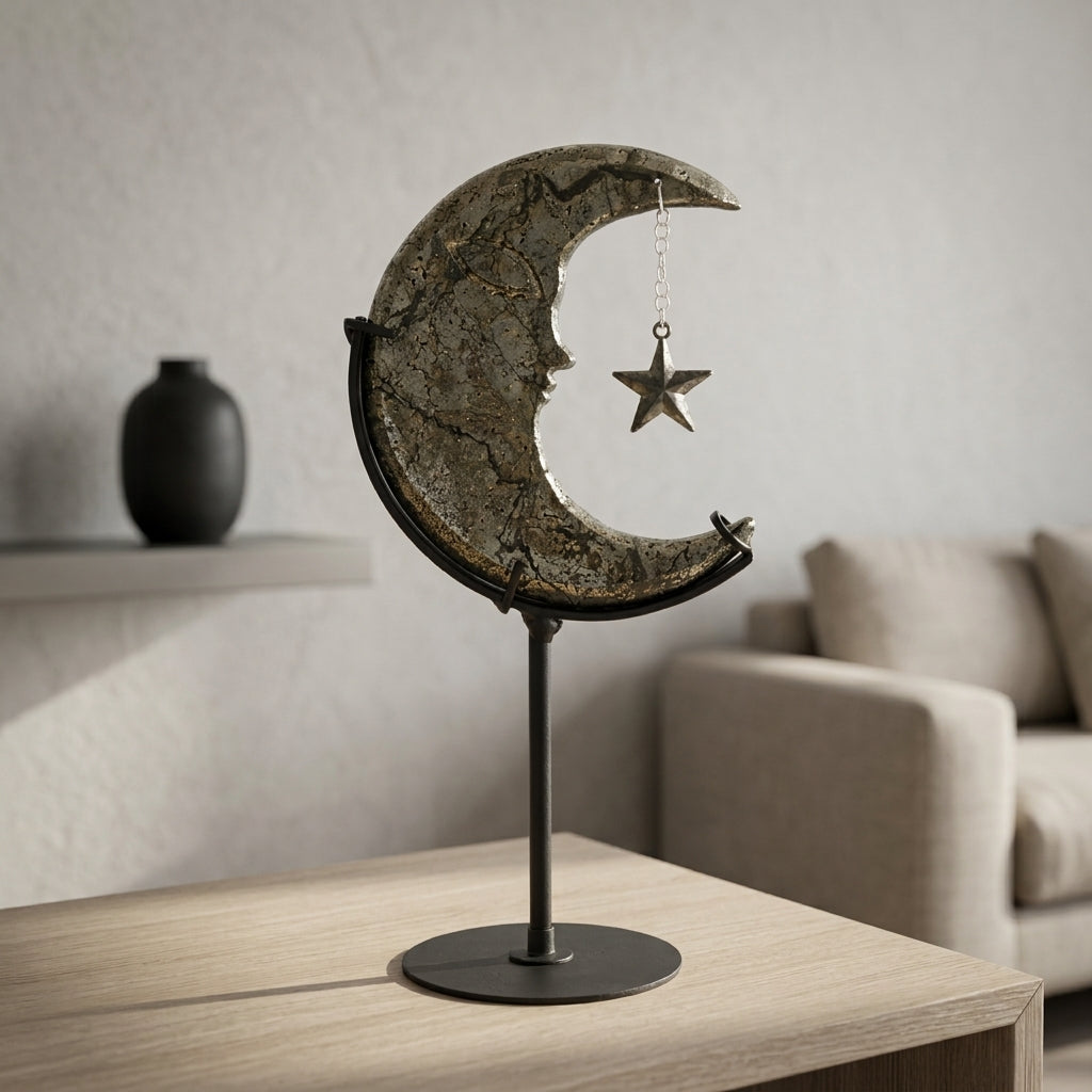 Chalcopyrite Moon Sculpture with Star | Cut from Raw Stone