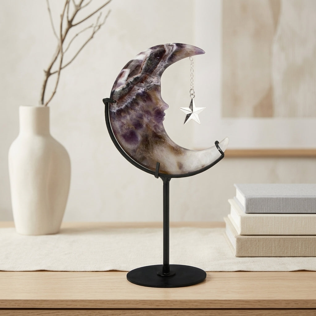 Raw Amethyst Moon Sculpture with Star | Hand-Polished