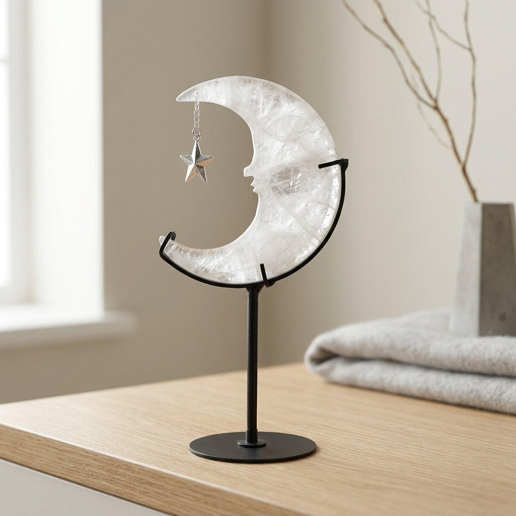 Clear Quartz Moon Sculpture with Star | Cut from Raw Stone