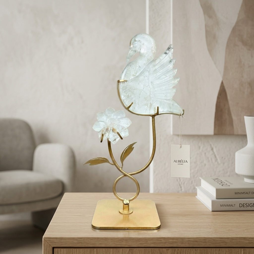 Clear Quartz Bird & Flower Sculpture | Clarity & New Beginnings