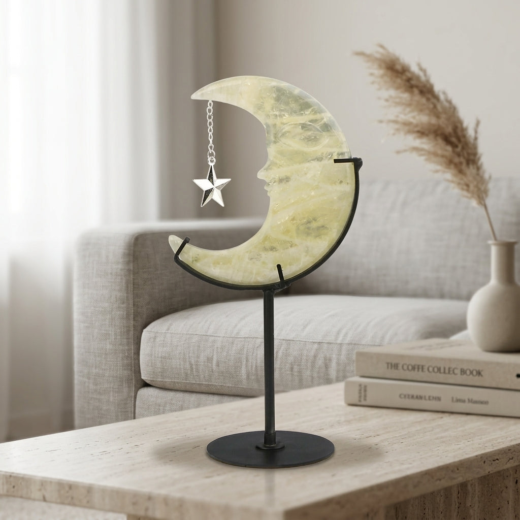 Yellow Quartz Moon Sculpture with Star | Cut from Raw Stone