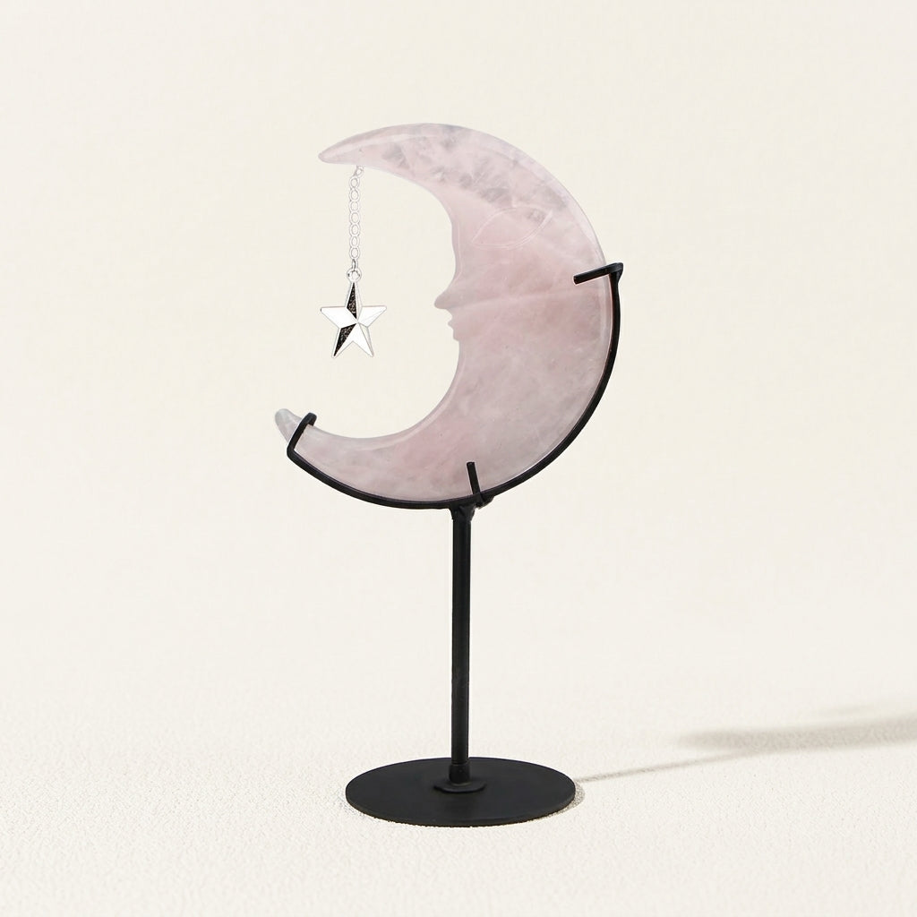 Rose Quartz Moon Sculpture with Star | Cut from Raw Stone