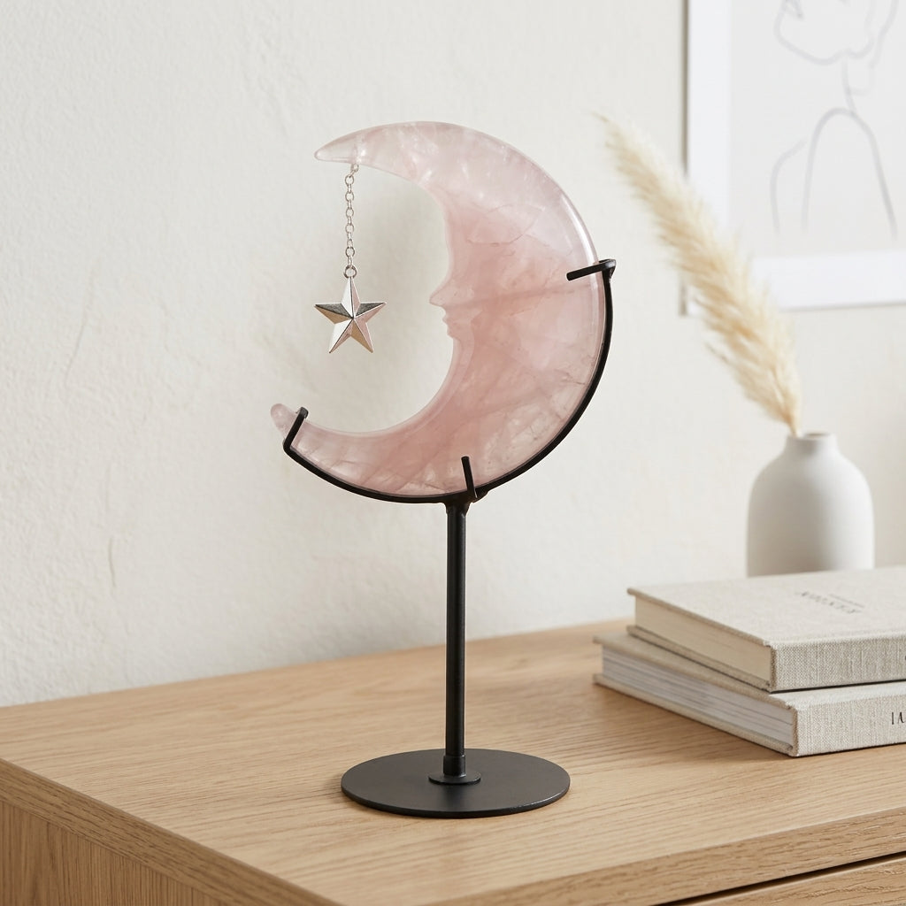 Rose Quartz Moon Sculpture with Star | Cut from Raw Stone