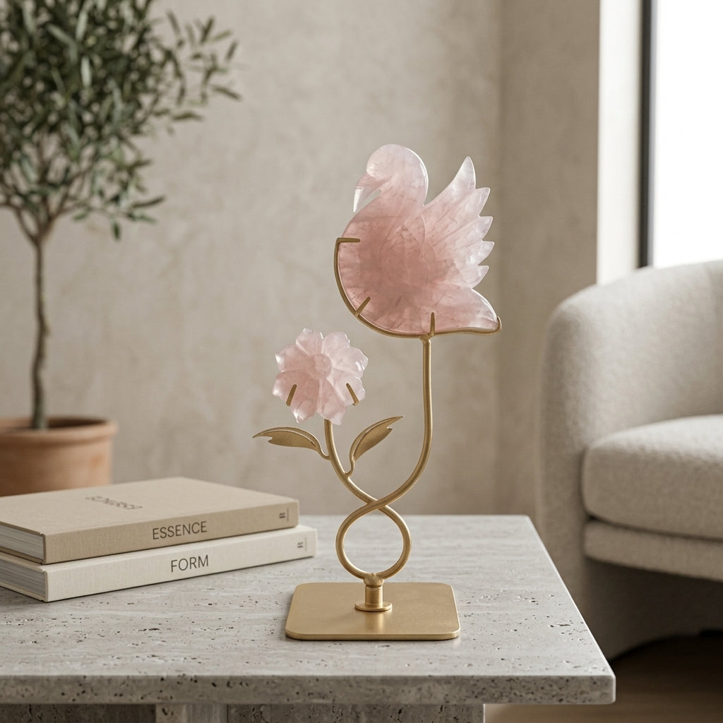 Rose Quartz Bird & Flower Sculpture | Love & New Beginnings