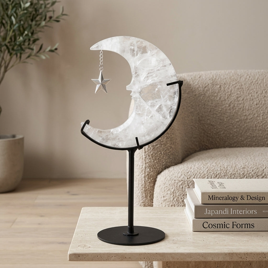 Clear Quartz Moon Sculpture with Star | Cut from Raw Stone
