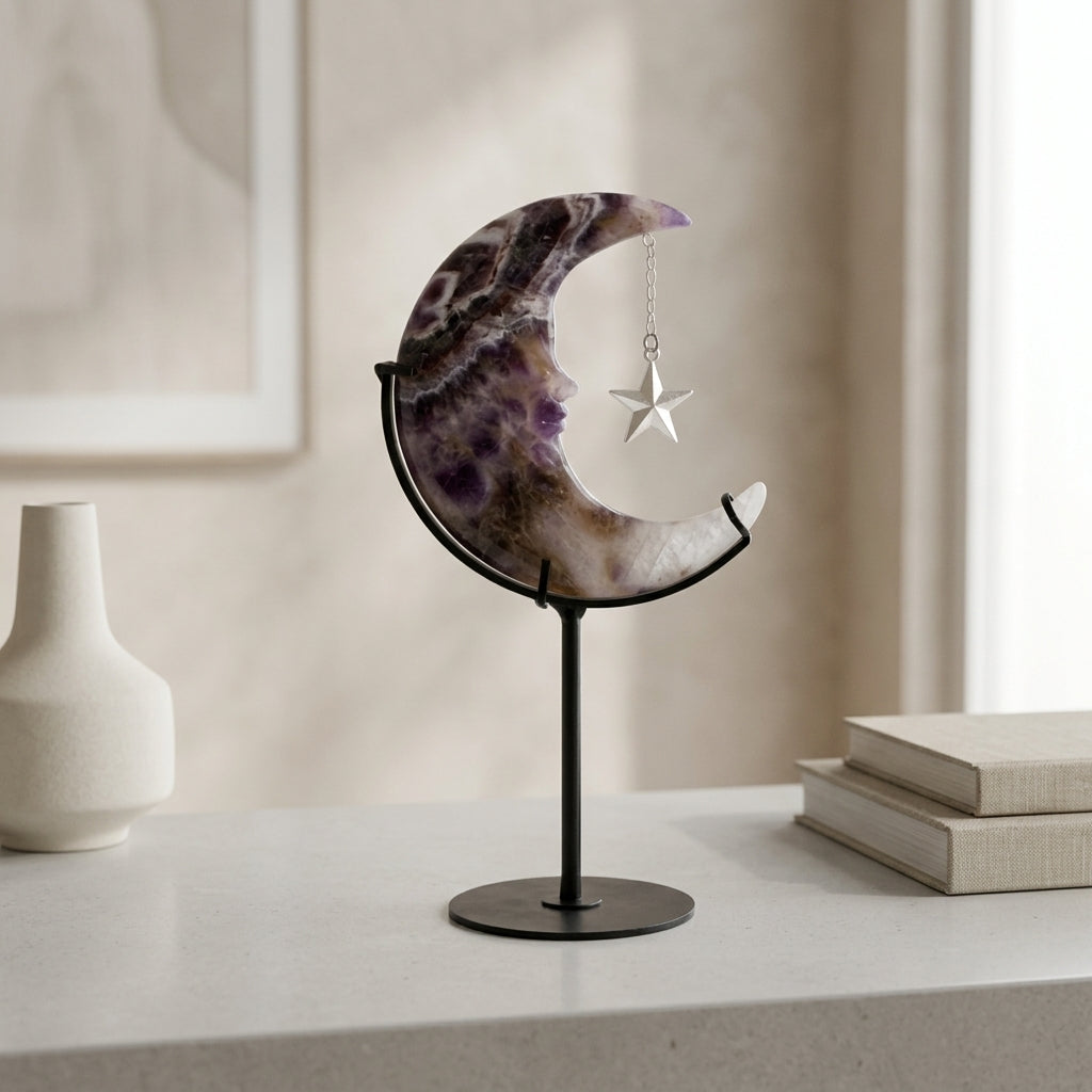 Raw Amethyst Moon Sculpture with Star | Hand-Polished