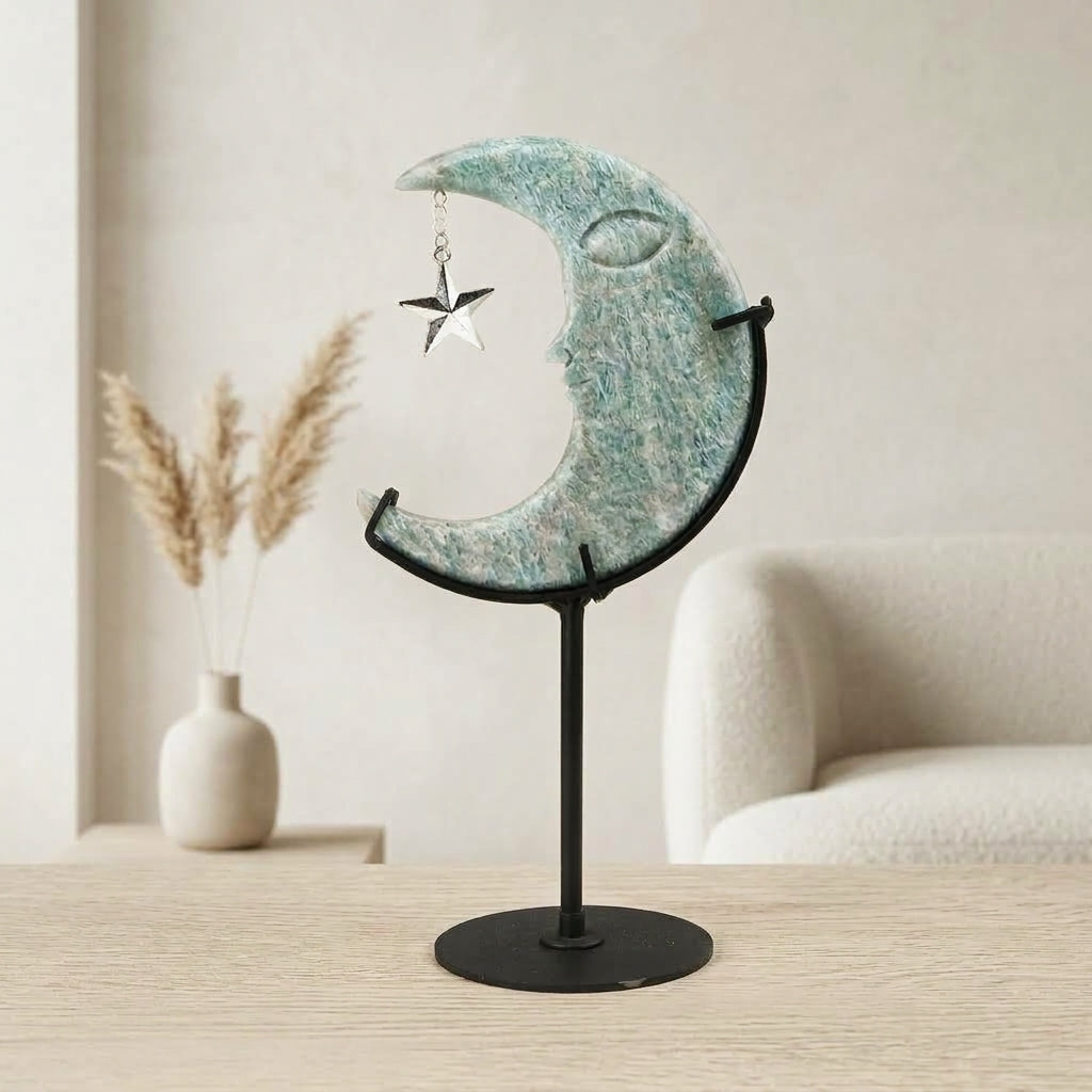 Raw Amazonite Moon Sculpture with Star | Hand-Polished