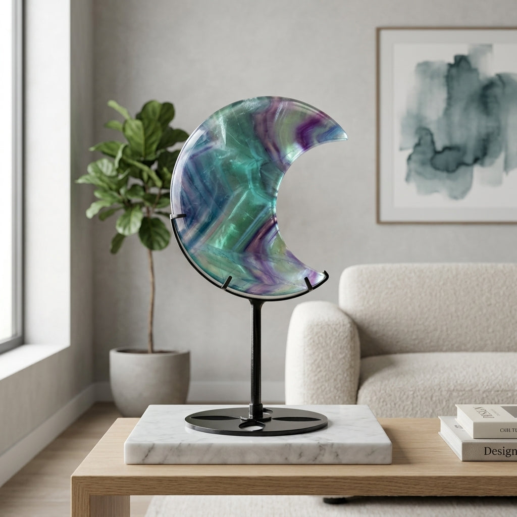 Rainbow Fluorite Moon Sculpture | Mental Clarity & Focus