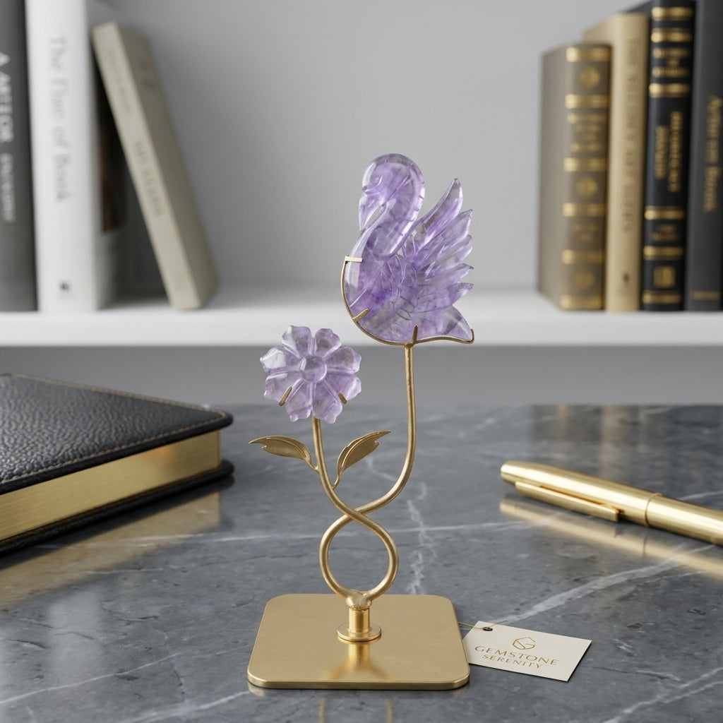 Purple Fluorite Bird & Flower Sculpture | Clarity & New Beginnings