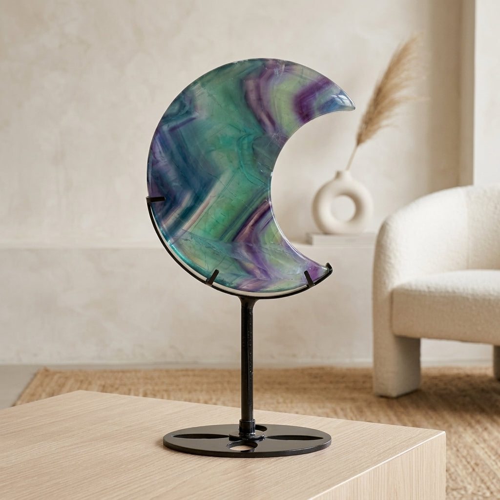 Rainbow Fluorite Moon Sculpture | Mental Clarity & Focus
