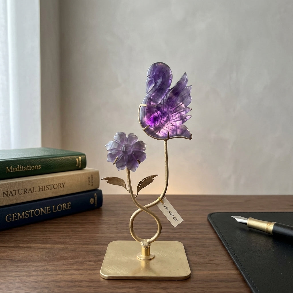 Purple Fluorite Bird & Flower Sculpture | Clarity & New Beginnings