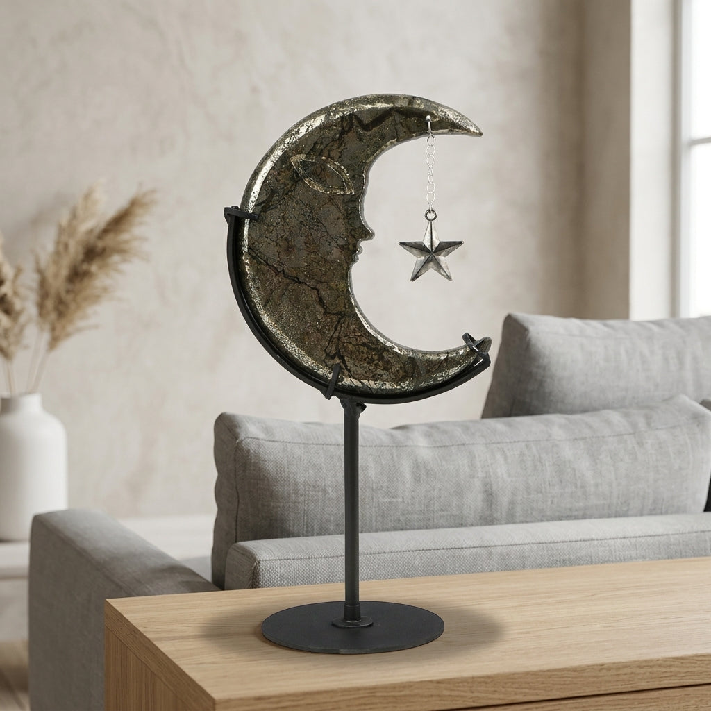 Chalcopyrite Moon Sculpture with Star | Cut from Raw Stone