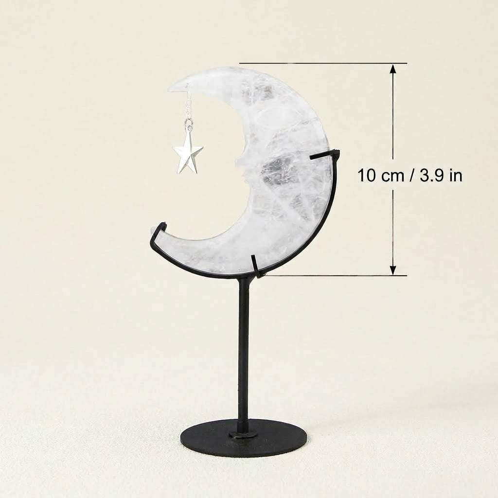 Clear Quartz Moon Sculpture with Star | Cut from Raw Stone