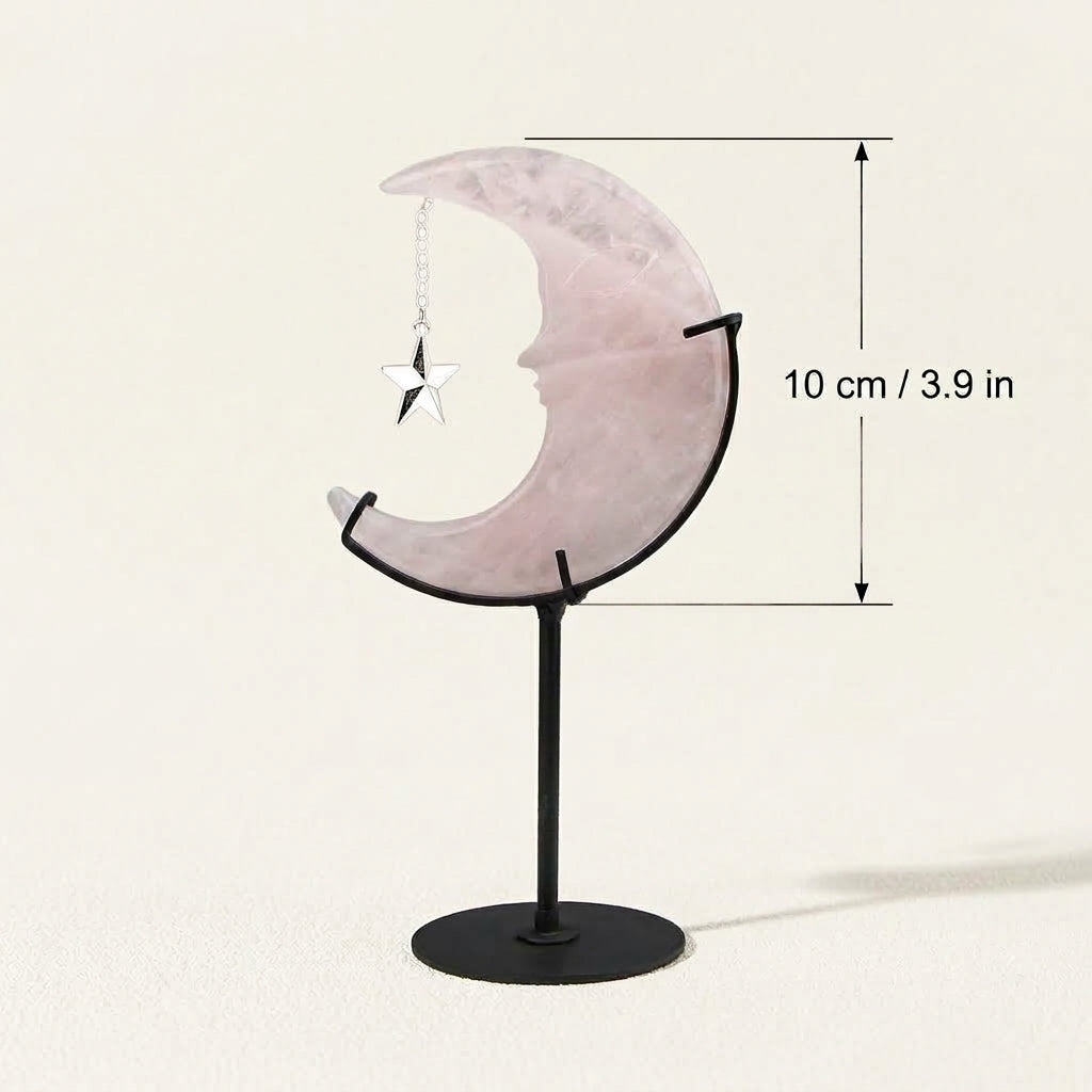 Rose Quartz Moon Sculpture with Star | Cut from Raw Stone
