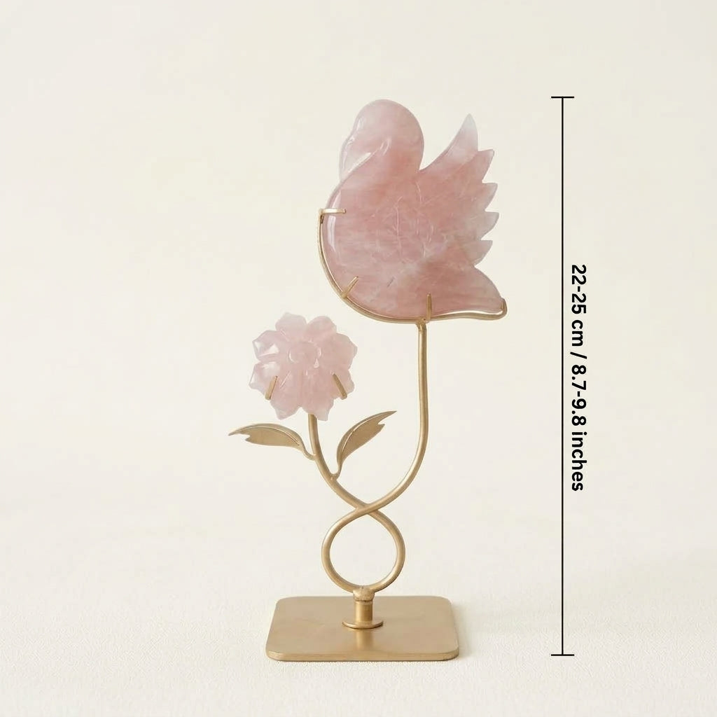 Rose Quartz Bird & Flower Sculpture | Love & New Beginnings