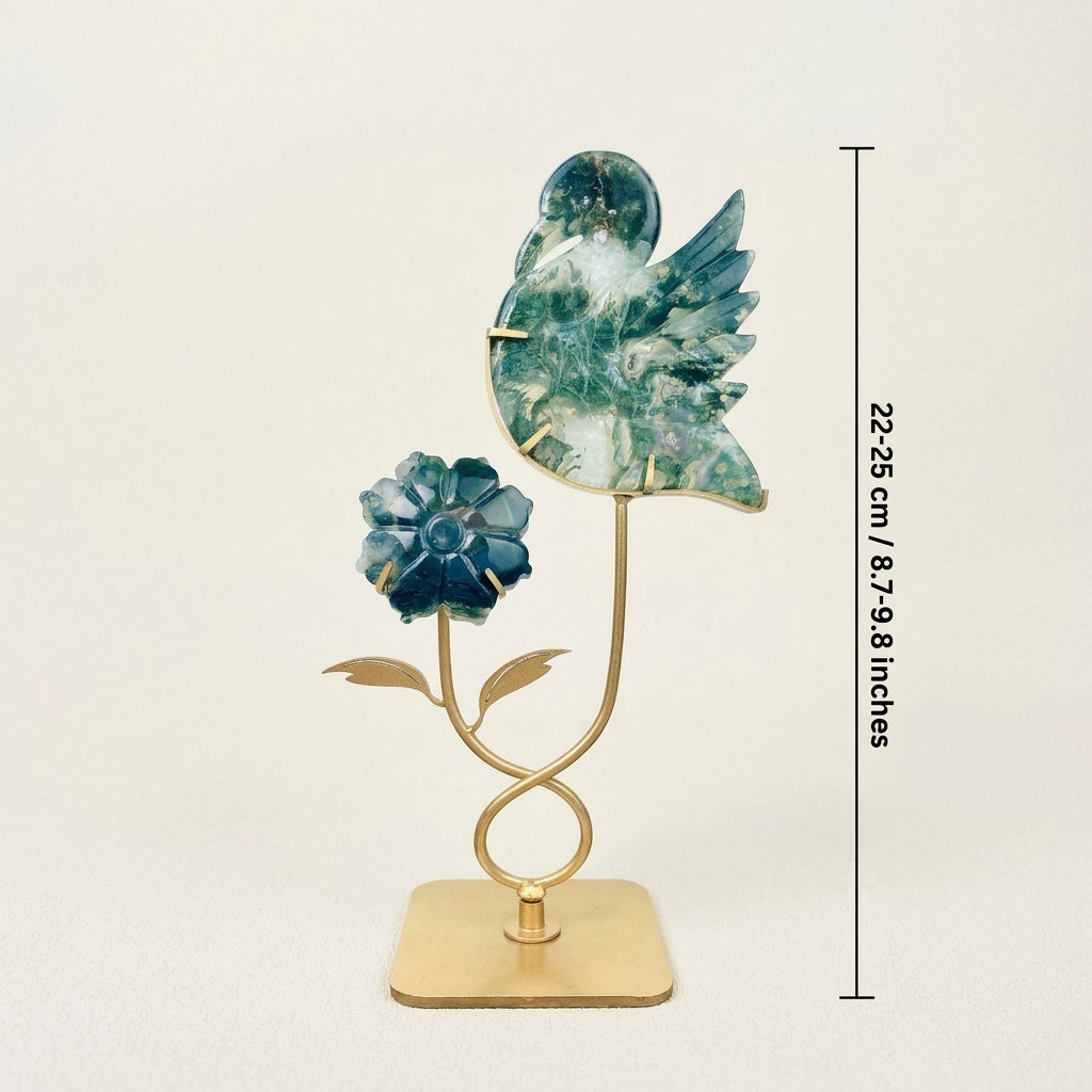 Moss Agate Bird & Flower Sculpture | Nature & Renewal