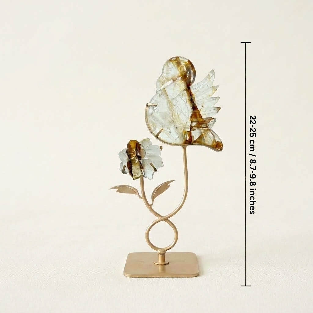 Golden Hematoid Quartz Bird & Flower Sculpture | Warmth & Energy
