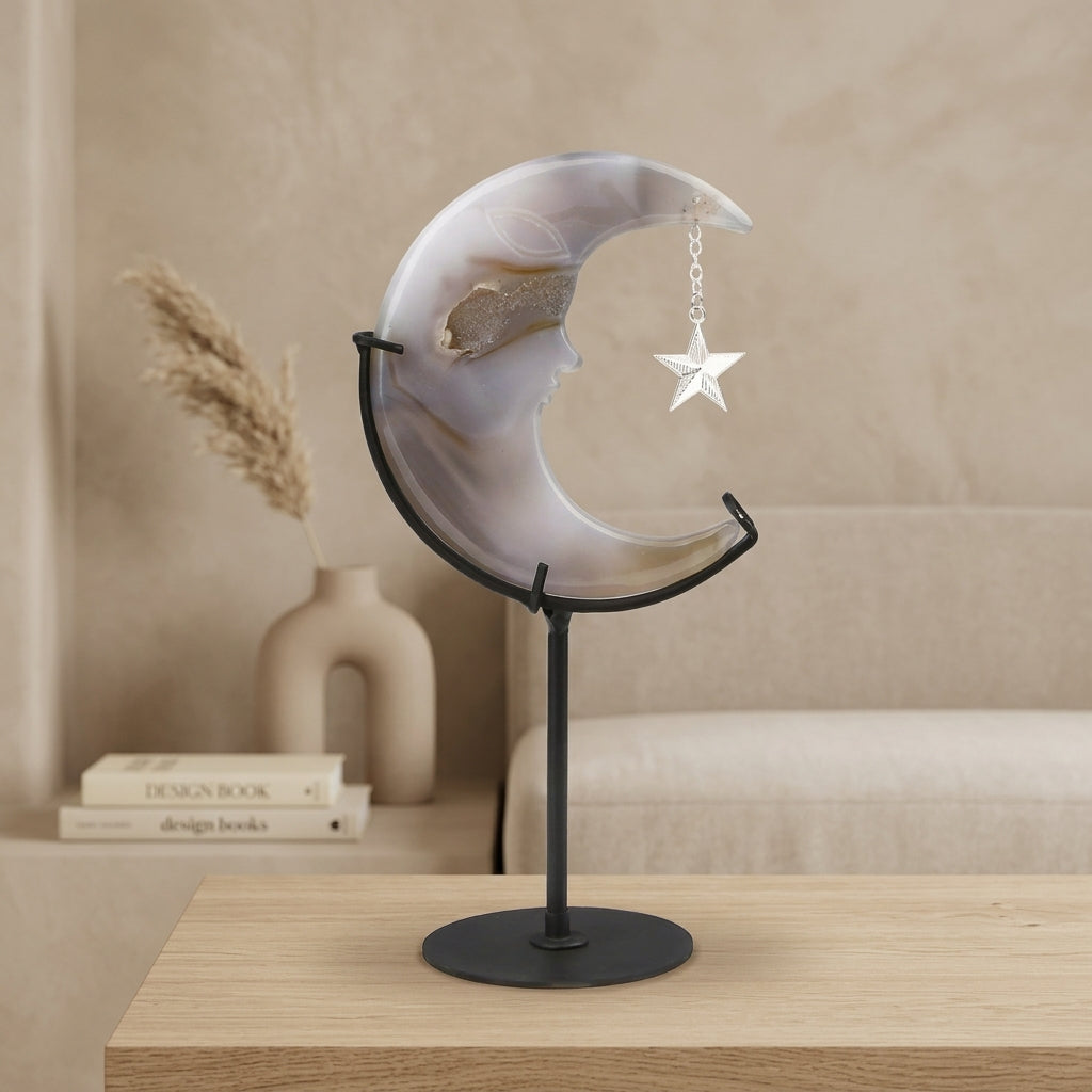 Agate Geode Moon Sculpture with Star | Cut from Raw Stone