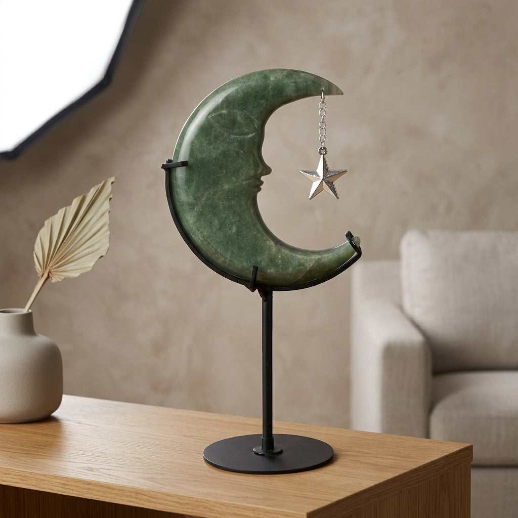 Green Aventurine Moon Sculpture with Star | Cut from Raw Stone